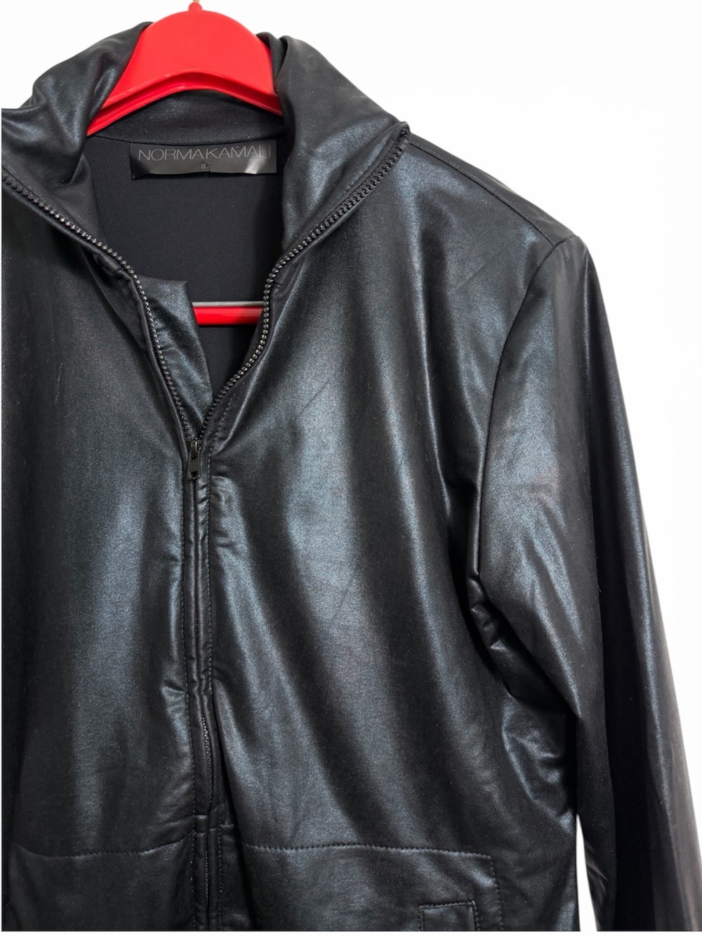 Norma Kamali Black Hooded Faux Leather Jacket